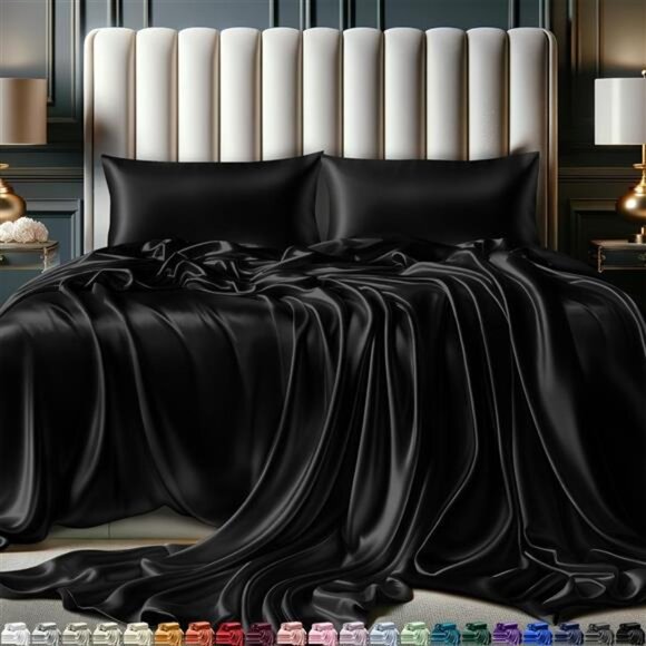Satin Sheets Queen Size Set 4 Pcs - Silky & Luxuriously Soft Satin Bed Sheets - Picture 1 of 7